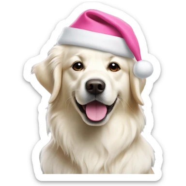 White golden retriever with pink Santa hat sticker