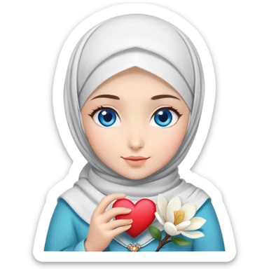 Turkish beautiful finish Konya girl blue eyes with magnolia flower design hijab and hold heart in her hand  sticker