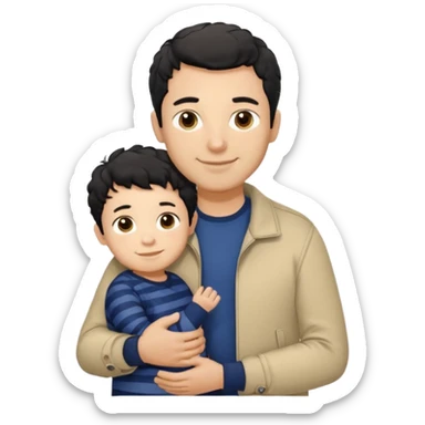 A father with short curly black hair and a friendly smile, dressed in a navy blue T-shirt and a beige jacket. He carries his child with soft straight dark hair wearing a tiny striped sweater. Bright, natural, heartwarming scene. sticker