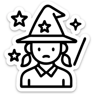 Add witchy details to this minimal outlined girly enforcer icon: a witch hat, stars, or a wand, keeping it clean and outlined with no background. sticker
