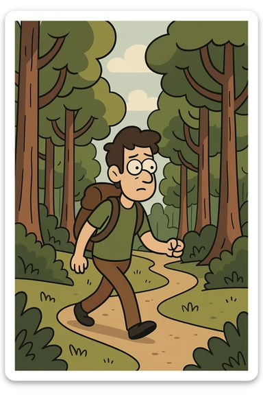 a stylized cartoon forest with tall trees and a winding path sticker