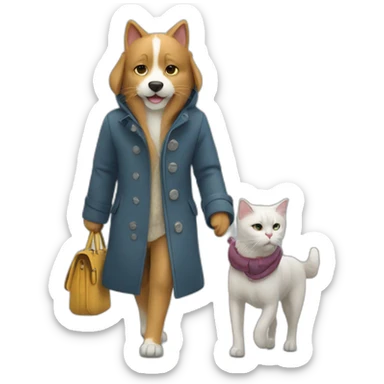 cat In a coat and dog in a coat walking together In park sticker