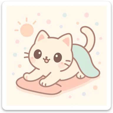 a cute cat that just woke up, soft fur, big eyes, stretching, cozy morning light, kawaii style sticker