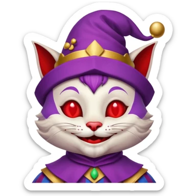 crazy colorful cute little cat jolly joker from poker, medieval, vintage, court jester, mac os icon, purple and red color, half body sticker