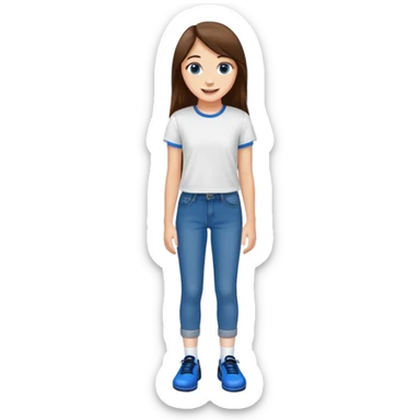 Kind of tall 16 year old smiling white girl that has long, straight brown hair wearing a white T shirt as well as tight blue jeans with brown eyes, and her wearing black socks and blue shoes sticker