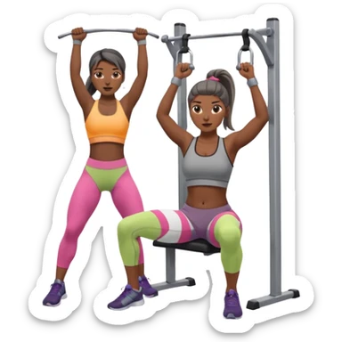 Mujer en gimnasio, peruana con coleta top corto gris y pantalón gris. Haciendo jalón al pecho  sticker