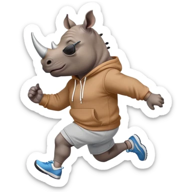 friendly anthropomorphised rhino jogging upright, wearing a hoodie and shorts, dark sunglasses, relaxed pose sticker
