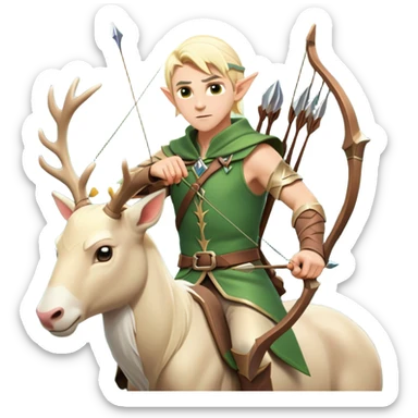 clash-of-clans-aesthetic-blond-male elf-archer-portrait-emoji, rendered in a flat, vector-style with minimal shading and bold holding his bow, simplified shapes, head tilted slightly forward with a determined, focused expression, riding a majestic white stag whose antlers glow with mystical energy, set against an ancient, enchanted forest backdrop. sticker