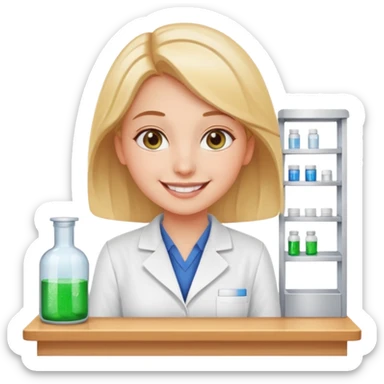 smiling girl pharmacist standing behind counter sunny sparkling eyes sticker