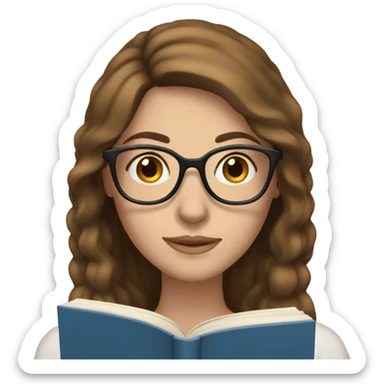 White woman with glasses, long brown hair and blue eyes reading a book sticker