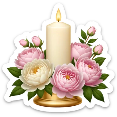 An elegant ivory candle in a golden holder, surrounded by a lush bouquet of soft pink roses, white peonies, and blush dahlias, flickering gently in the dim candlelight. sticker