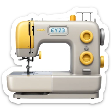 Emoji of a modern sewing machine inspired by a Brother machine. Soft, rounded shapes in the style of Apple emojis, with subtle gradients and soft shadows. White body with light gray details, a yellow spool on top sticker