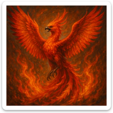 a majestic phoenix with fiery feathers, wings spread, vibrant colors, dynamic pose sticker