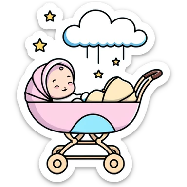 sleeping baby in pink and beige stroller with fluffy pastel blue clouds and shining stars decorating the entire scene sticker