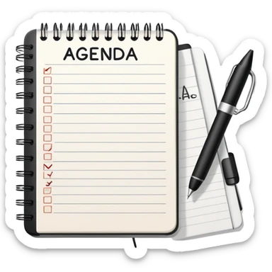 A notebook with 'AGENDA' written on top and meeting items listed below with bullet points sticker