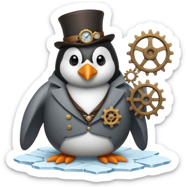 a steampunk engineer penguin fixing a complex gears system on top of an iceberg sticker