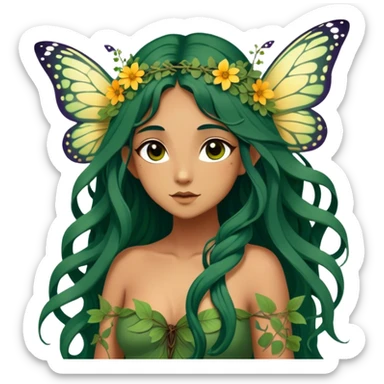 Cinematic Realistic Forest Nymph Fairy Portrait, depicted with lifelike, sun-kissed tanned skin that radiates an earthy glow, softly illuminated by natural, dappled light. Her long, flowing dark green hair is intricately detailed and interwoven with delicate vines and wildflowers, while her deep, soulful eyes mirror the wisdom of the forest. Dressed in an attire inspired by nature’s palette—with subtle botanical motifs—the portrait exudes a soft, enchanted glow that melds realism with woodland magic showing her large butterfly wings from her back. sticker