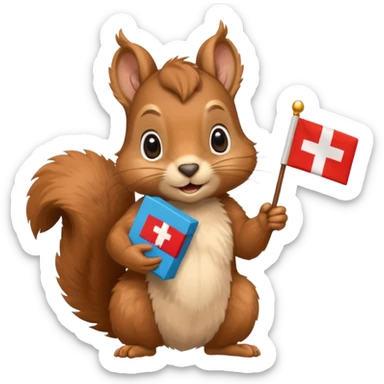 squirrel holding a gift in one hand and a Swiss flag in the other hand sticker