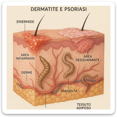 realistic medical illustration of skin cross-section showing parasites causing dermatitis and psoriasis, visible inflamed and scaly areas, educational and respectful style, Italian labels, no explicit details sticker