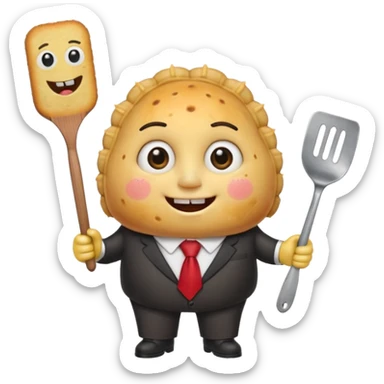 cute empanada emoji, golden brown with crimped edge, big sparkling eyes, two square teeth, blushing cheeks + freckles, red tie, holding spatula, short chubby arms and legs, thick black outline, SpongeBob + Adventure Time style, transparent background sticker