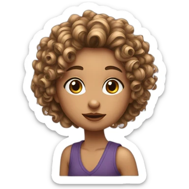girl with curly wolfcut, silly nose, eyes alittle small, pretty cool, swag sticker