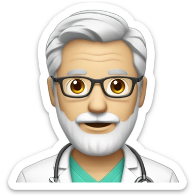 DOCTOR WITH WRINKLES, MAN, FULL GREY BEARD, GREY AND WHITE SHORT HAIR, RED GLASSES, holding a protein sticker