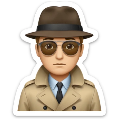 spy wearing sunglasses, a fedora and trench coat.  He is looking menacingly ahead.  sticker
