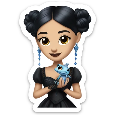 relaxed low-cut back silky black evening ball gown with lace gloves, Jenna Ortega as Wednesday Addams wearing a mini diamond tiara showing off a cute blue horned dragon ventriloquist puppet sticker