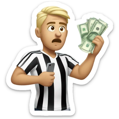 dramatic fair skin soccer fan looking at his phone in his hand with money in his hand he is about to lose sticker