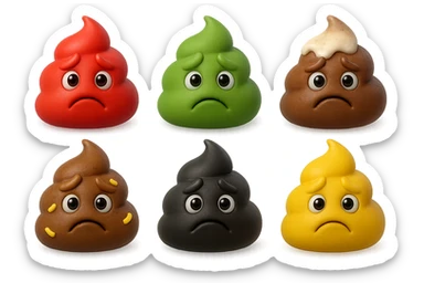 emoji stile iphone 3d di una cacca di colore rosso, una cacca di colore verde, una cacca di colore marrone con muco bianco visibile sopra,  una cacca di colore marrone con penne di pasta a pezzetti visibili all'interno di essa,  una cacca di colore nero e una cacca di colore giallo, tutte le cacche hanno un espressione triste, iperrealistiche 4k sticker