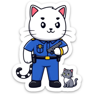 a police officer standing next to a mischievous cat holding a toy gun sticker