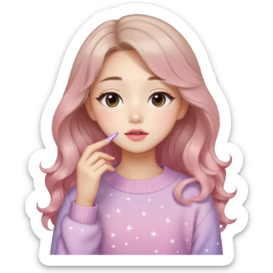 “korean Emoji girl, soft eyeliner, gradient rose lips, light brown shimmer eyeshadow, sparkly aegyo-sal, long wavy hair, cozy pastel sweater.” sticker