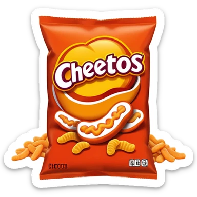Draw a pack of Cheatos with bright orange-red packaging & crunchy snacks spilling out. sticker