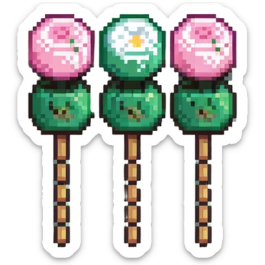 Pixel art Japanese dango skewer with three colorful rice balls in pink, white, and green colors sticker