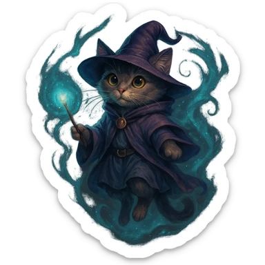 wizard cat floating with a magical aura, magical fantasy style sticker