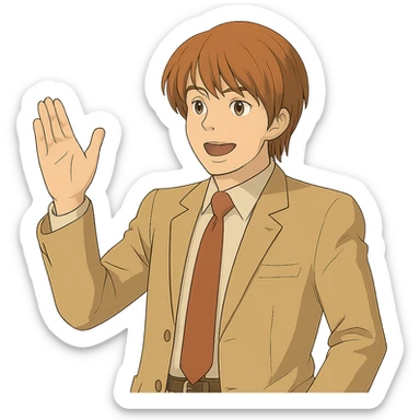 Create an exact Light Yagami in Ghibli style, standing with one hand raised as if making a point, wearing the same suit, with the same confident expression, transparent background. sticker