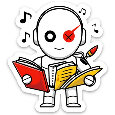 A shiny metal robot man with a circular chest plate divided into four segments, each featuring an art symbol: paintbrush, musical note, drama masks, and book sticker