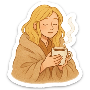 blonde girl snuggled in a blanket, steaming coffee cup in hand, eyes closed, serene mood sticker