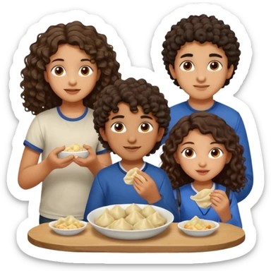 Can you create an emoji of three 23 year olds eating dumplings. One boy with wavy curly hair and one Jewish girl with long dark brown curly hair and one half Indian / half white girl with mid length straight dark brown hair. All brown eyes sticker