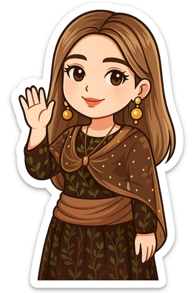Kurdish cartoon sticker of the same woman in the new dress, waving hand for goodbye, gentle smile, no text, transparent background sticker