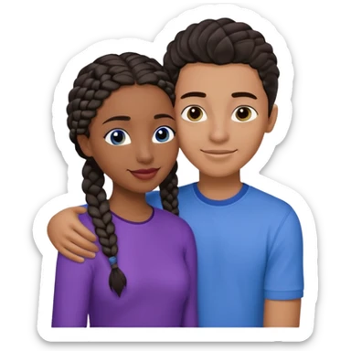 Boyfriend who is middle Easterntan olive skinned with blue eyes and wavy straight brown hair in a blue shirt and his African girlfriend who is very black skinned, juicy lipped with black braided hair and the two are hugging and smiling hugely she’s wearing purple and she has black eyes sticker
