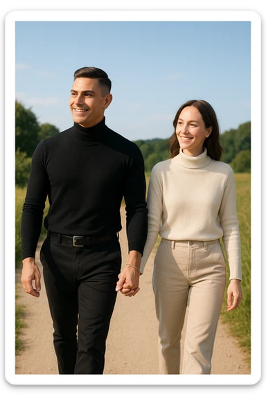 a couple walks together along a path, the man gently leading the way while the woman follows with trust and a smile. Both appear confident and content, symbolizing partnership and mutual respect. The background is a bright, open landscape, evoking a sense of shared journey and harmony. sticker