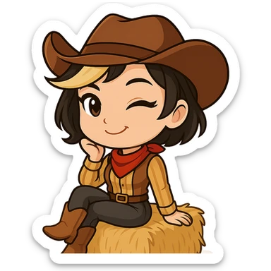 Sexy chibi cowgirl with short hair and a blonde streak, wearing a cowboy hat and western outfit, no guns. Chibi/anime style, transparent background, sized for Twitch or Discord use. Pose: sitting on a hay bale, legs crossed, playful wink and smile. sticker