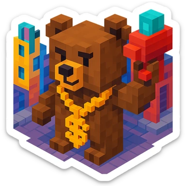 brown Russian grizzly bear with a rapper chain and a money gun, standing in a city alley sticker