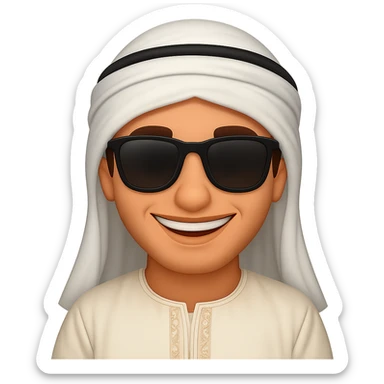 Emirati man with a big smile wearing traditional attire, add sunglasses, keeping a cheerful vibe. The image should have no background. Preserve the cheerful and traditional look clearly in the style of an edited image. sticker