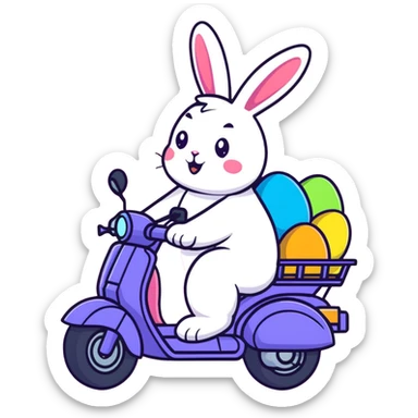 Easter bunny riding a BMW boxer motorcycle with trees and grass in the background, colorful Easter eggs hidden in the grass, and more bunnies watching from the side of the road sticker
