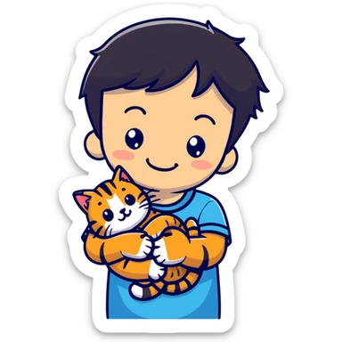 A smiling boy hugging a friendly tabby cat sticker