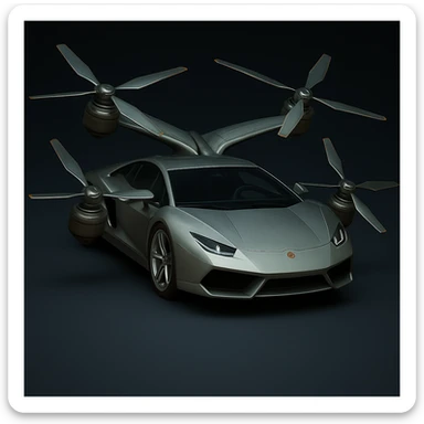 Remove the front vent from this photorealistic flying car. Keep the sleek, electric, aerodynamic metallic body, two wings on top, two on the sides, propellers on all wings, and wheels. Maintain the photorealistic style. sticker