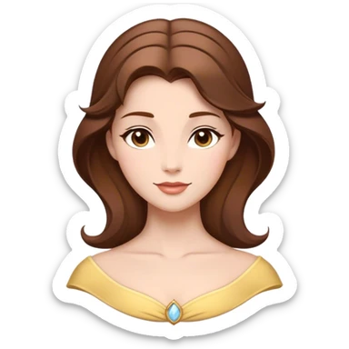 Cinematic Timeless Belle Portrait Emoji, rendered in a clean, vector style. Depict Belle with fair, luminous skin, beautifully arranged brown hair, and a serene, graceful expression, dressed in her classic attire. The design features bold, simplified shapes, a soft, enchanting glow, and a subtle glowing outline, capturing the essence of pure, timeless beauty. sticker