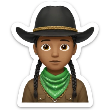 Black boy with short box beaids wearing a black cowboy hat with green bandana around his neck sticker